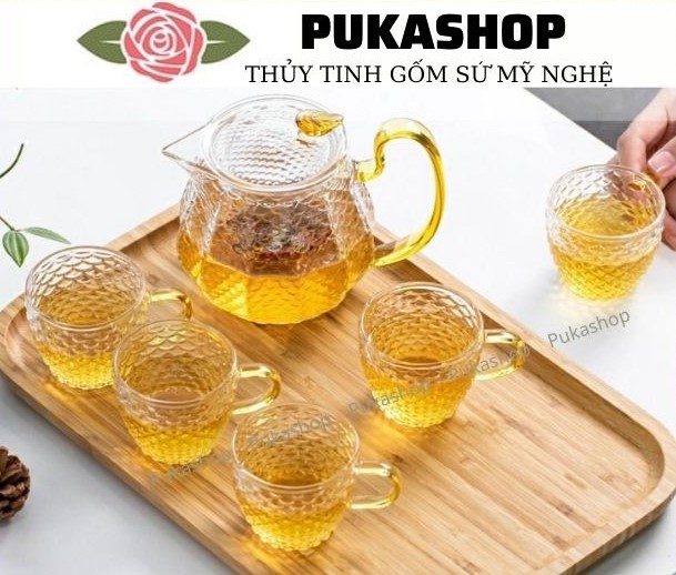 Bộ Ấm Vẩy Cá Ly Thủy Tinh Có Quai Puka BAT2121